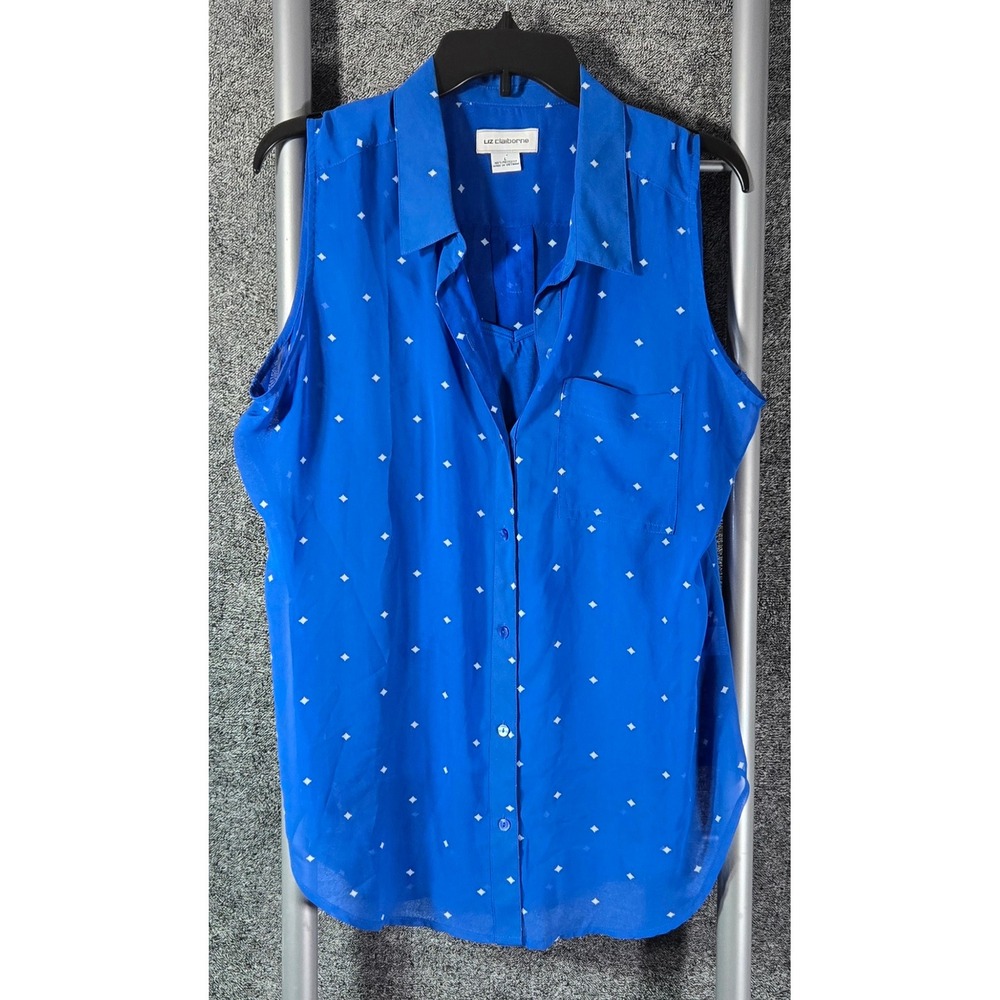 Liz Claiborne Womens Blue Diamond Print Sleeveless Button Up Blouse Two Piece L
